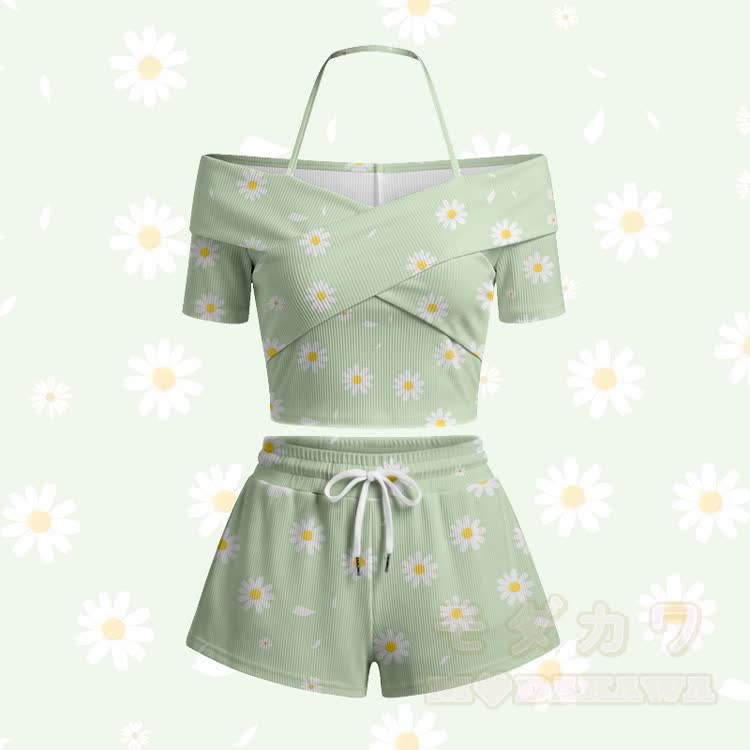 Modakawa Set aus schulterfreiem Top und Shorts mit Gänseblümchenmuster - Grünes Set - 5XL - image 4