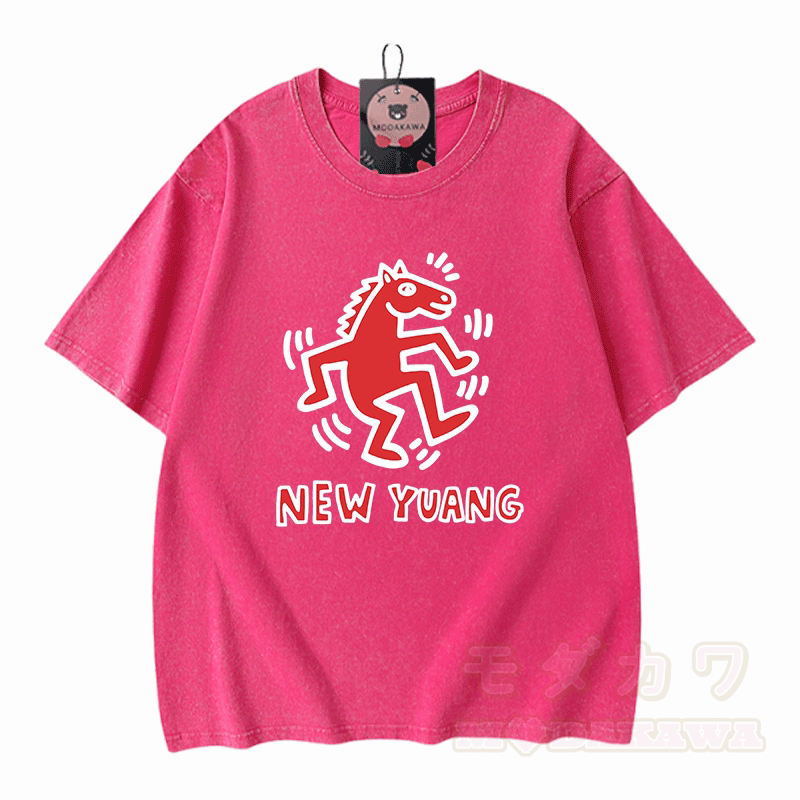 NEUES YUANG Pferde-Grafik Modakawa Unisex Vintage Washed T-Shirt - Rosenrot - 5XL - image 7