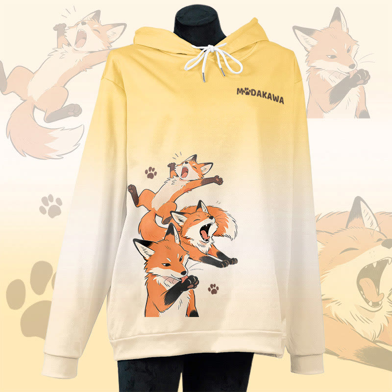 MODAKAWA Lazy Fox Kapuzenpullover mit Allover-Print und Grafikprint - Yellow - 6XL - image 4