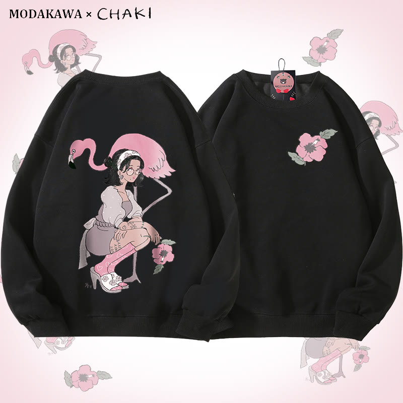 MODAKAWA X chaki Unisex-Sweatshirt mit Mädchen- und Flamingo-Grafik - Black - 5XL - image 4