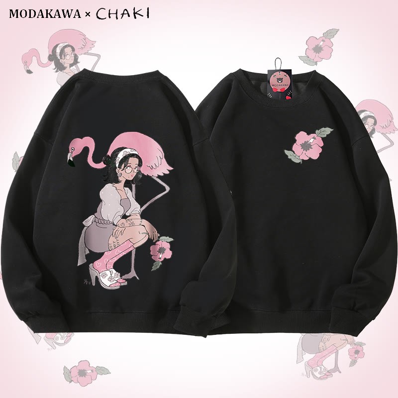 MODAKAWA X chaki Unisex-Sweatshirt mit Mädchen- und Flamingo-Grafik - Black - 5XL - image 4
