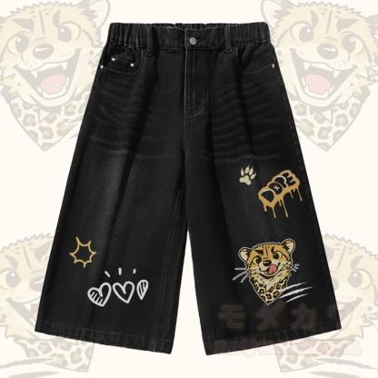 Modakawa Vintage-T-Shirt mit Leopardenmuster und passenden Jeansshorts - Schwarze Shorts - 3XL - image 3