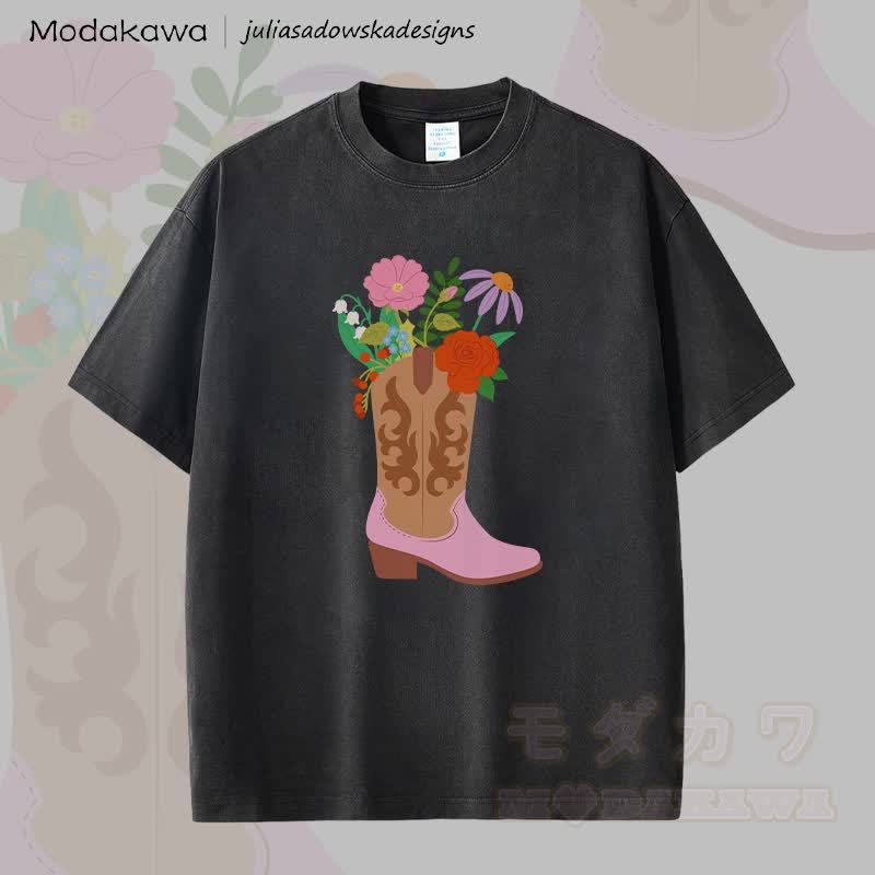 MODAKAWA X juliasadowskadesigns Shose Flower Graphic Unisex Dopamine Vintage Washed T-Shirt - Schwarz - 2XL - image 4