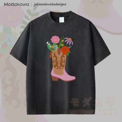 MODAKAWA X juliasadowskadesigns Shose Flower Graphic Unisex Dopamine Vintage Washed T-Shirt - Schwarz - 2XL - image 4