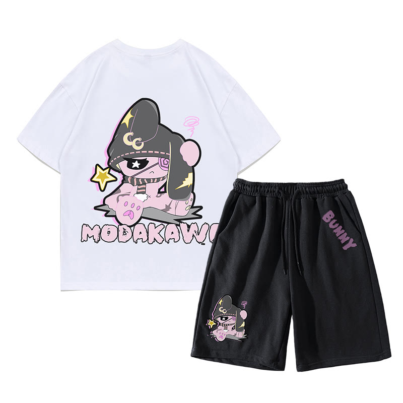 Unhappy Bunny Grafik Dunkle Ästhetik T-Shirt Shorts Zweiteiliges Set - Weiß&Schwarz - C - 5XL - image 12