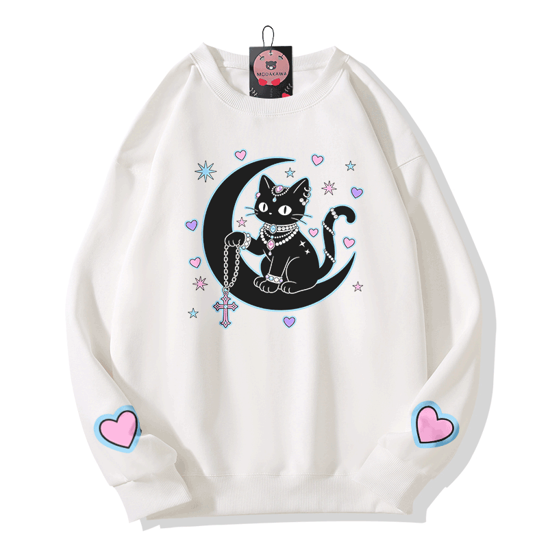 Modakawa Sweatshirt mit Astrologie-Motiv und schwarzer Katze - White - 5XL - image 4