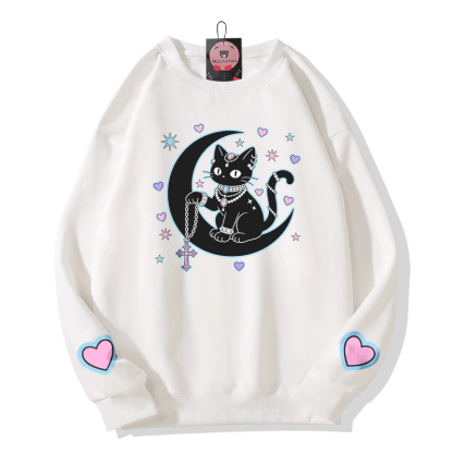 Modakawa Sweatshirt mit Astrologie-Motiv und schwarzer Katze - White - 5XL - image 4