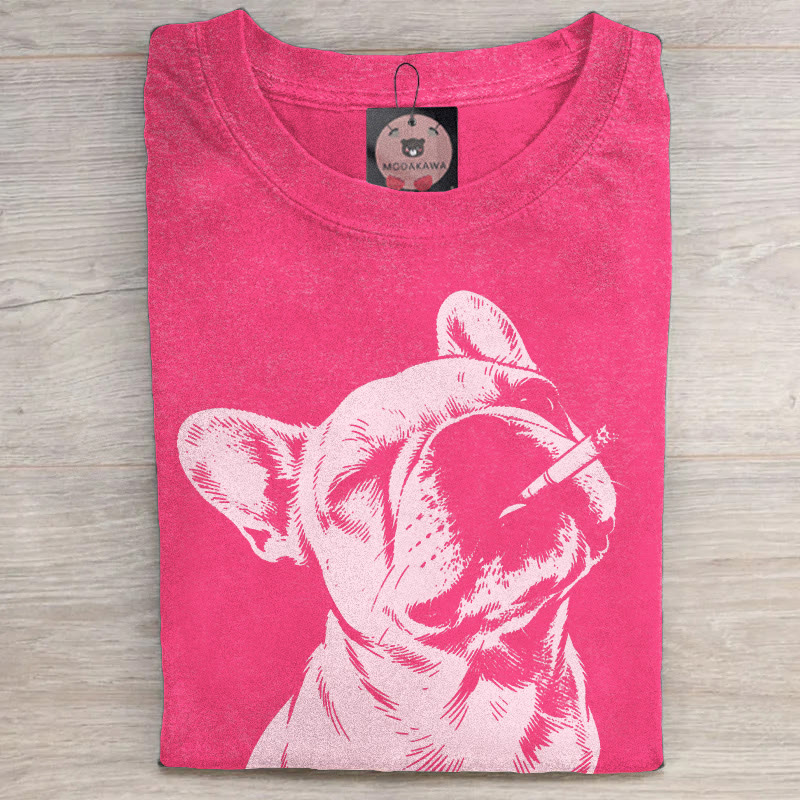 MODAKAWA Smoking Bulldog Grafik Unisex Vintage Washed T-Shirt - Rose Red - 5XL - image 4