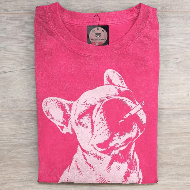 MODAKAWA Smoking Bulldog Grafik Unisex Vintage Washed T-Shirt - Rose Red - 5XL - image 4