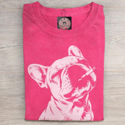 MODAKAWA Smoking Bulldog Grafik Unisex Vintage Washed T-Shirt - Rose Red - 5XL - image 4
