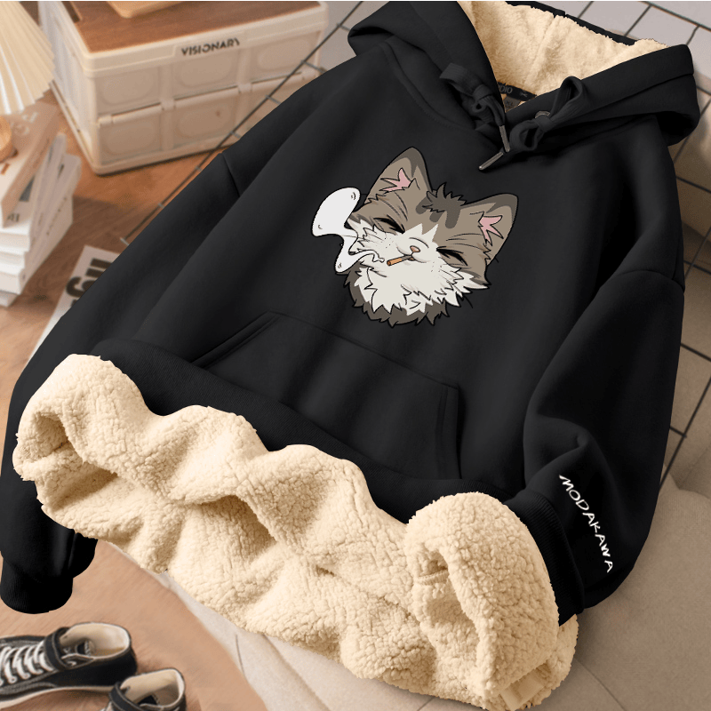 MODAKAWA Winterhoodie mit Raucherkatzen-Motiv, dick gefüttert mit Fleece - Black - 2XL - image 3