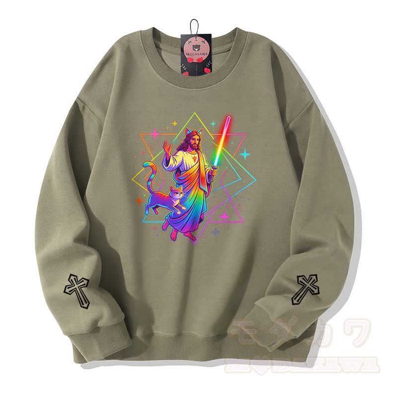 Modakawa Sweatshirt mit Regenbogen-Gebetskatzen-Kreuz-Grafik - Hellkhaki - 5XL - image 6
