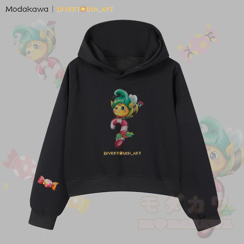 MODAKAWA X INVERTOUCH_ART Niedlicher Weihnachtsbienen-Hoodie Modakawa Cropped Cotton Hoodie - Schwarz B - 3XL - image 5