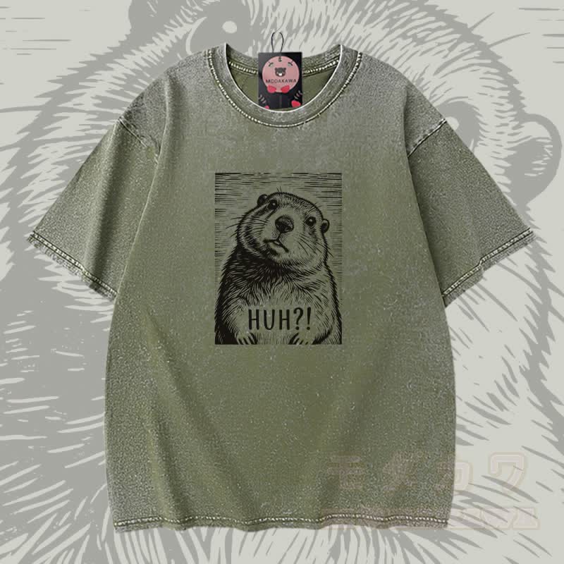 HUH Seeotter-Grafik Modakawa Vintage gewaschenes T-Shirt aus 100 % Baumwolle - Grün - 5XL - image 3