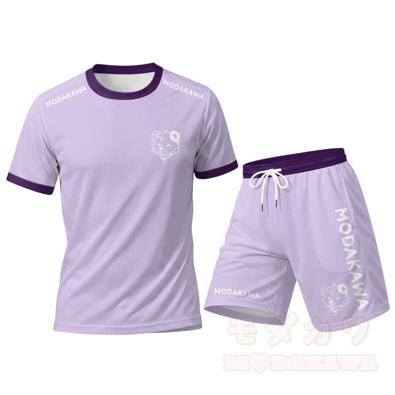MODAKAWA X popipeko Herren-Sport-T-Shirt mit Bärenmotiv und passender Shorts mit Kordelzug - Lila Set - 5XL - image 12
