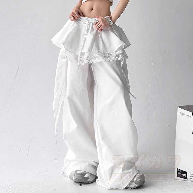 Y2K Punk Cropped Hoodie und Lace Ruffle Layered Pants Zweiteiliges Set - Weiße Hose - 3XL - image 6