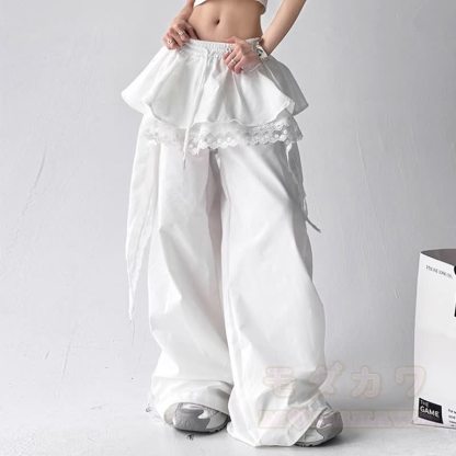 Y2K Punk Cropped Hoodie und Lace Ruffle Layered Pants Zweiteiliges Set - Weiße Hose - 3XL - image 6