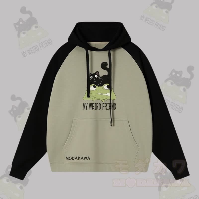 MY WEIRD FRIEND Streetwear-Kapuzenpullover mit schwarzer Katzen-Frosch-Grafik und Farben - Schwarz&Grün - 3XL - image 4