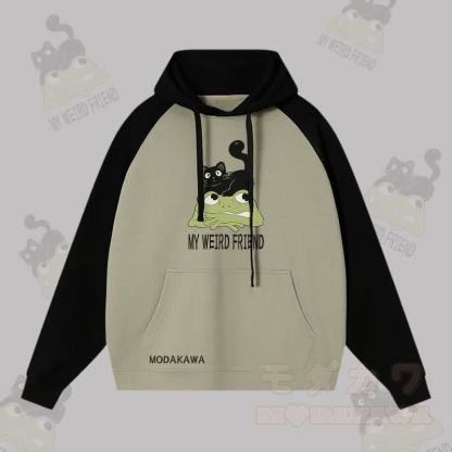 MY WEIRD FRIEND Streetwear-Kapuzenpullover mit schwarzer Katzen-Frosch-Grafik und Farben - Schwarz&Grün - 3XL - image 4