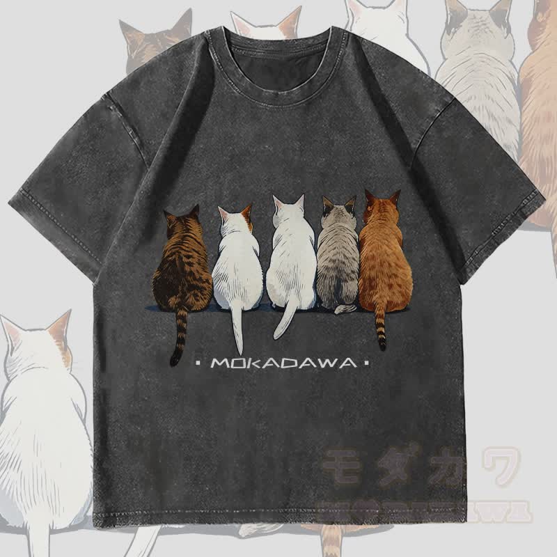 MODAKAWA Katzen sitzen zusammen Grafik Unisex Vintage Washed T-Shirt - Schwarz - 4XL - image 4