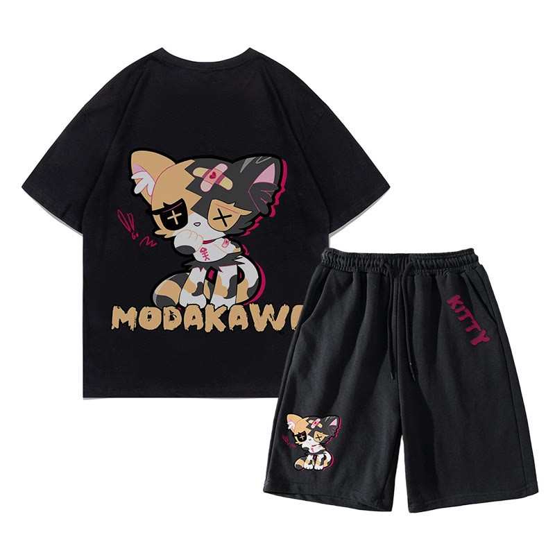 Sad Kitty Grafik Dark Aesthetic T-Shirt Shorts Zweiteiliges Set - Schwarz - A - 5XL - image 13