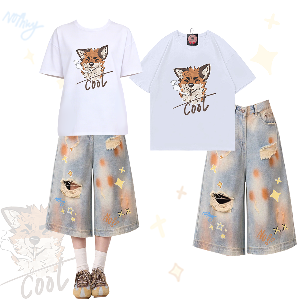 MODAKAWA X atka Smoking Fox Graphic 100% Baumwoll-T-Shirt, Ripped Cropped Denim Jeans Zweiteiler-Set - White & Blue - XL - image 2