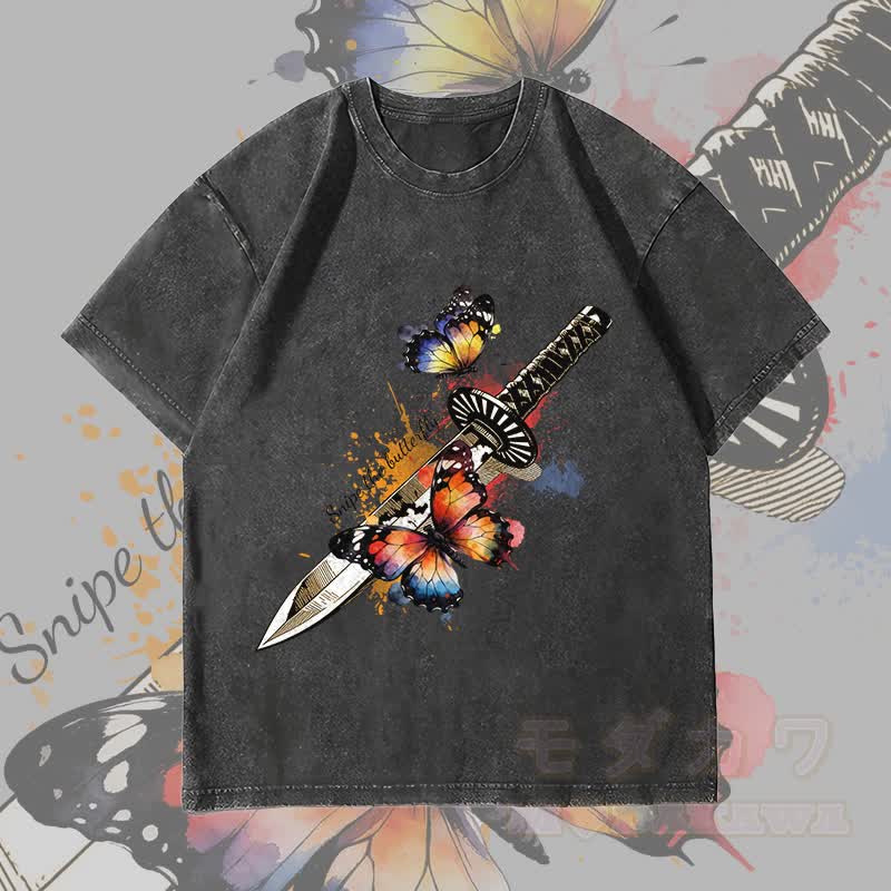 MODAKAWA Schmetterlingsschwert-Grafik Unisex Vintage Washed T-Shirt - Schwarz - 4XL - image 4