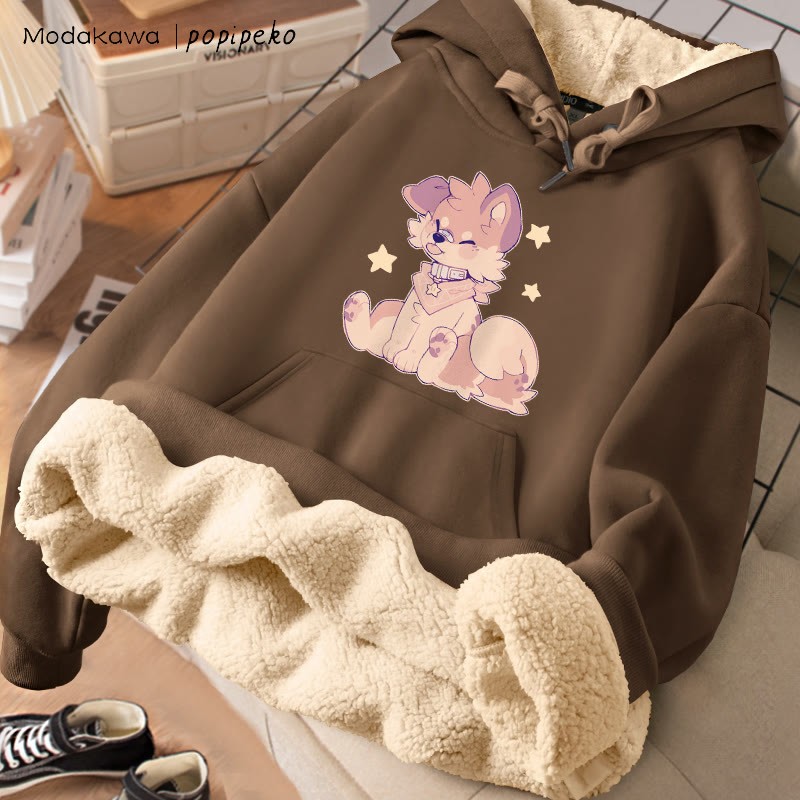 MODAKAWA X popipeko Winterhoodie mit Zunge-raus-Welpenmotiv, dick gefüttert mit Fleece - Brown - 2XL - image 4
