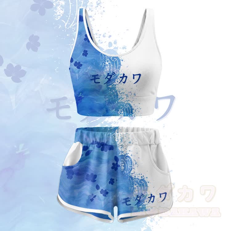 Crop-Top mit Blumenmuster, Sport-Top, Shorts, Bikini, Modakawa-Partnerlook - Blau-weißes Set - 5XL - image 4