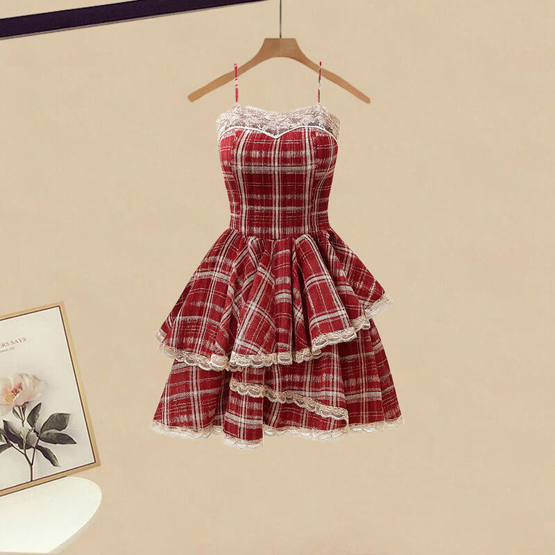 Schleifen-Pullover mit Rissen, kariertes Unterkleid, passendes Outfit - Red Dress - 3XL - image 5