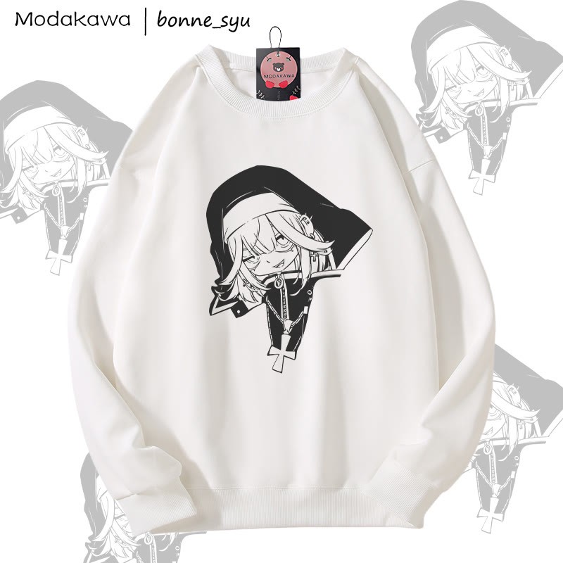 MODAKAWA X bonne_syu Gothic Nun Graphic Unisex Sweatshirt - White - 5XL - image 2