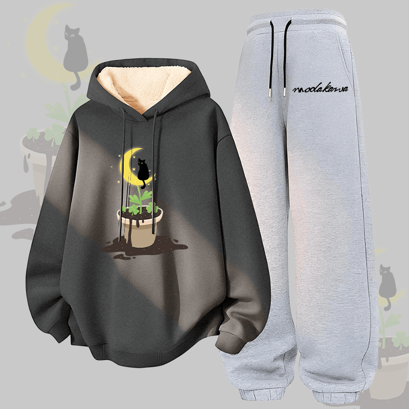 MODAKAWA Zweiteiliges Set aus Hoodie und Hose mit schwarzem Katzenmotiv und dickem Fleecefutter - Dark Grey&Grey - 5XL - image 2