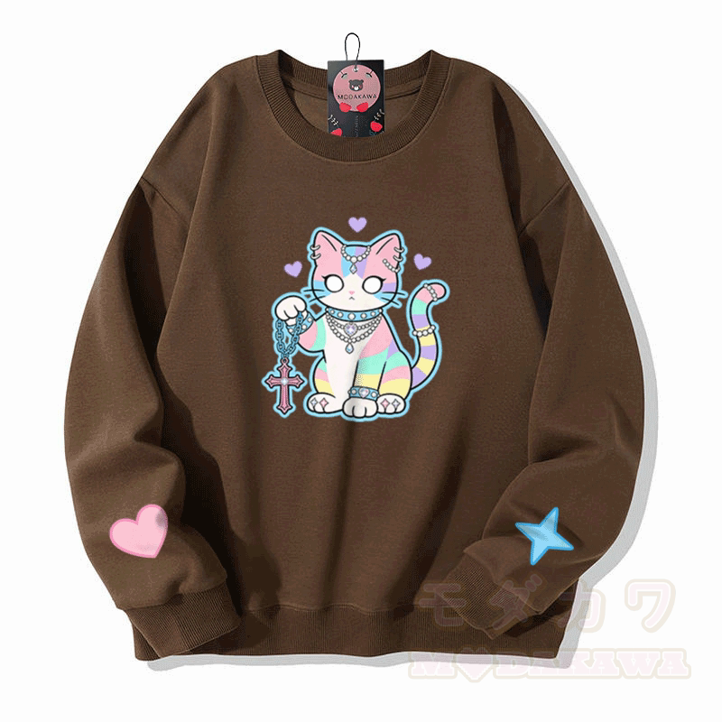 Modakawa Sweatshirt mit Astrologie-Katzenmotiv - Braun - 5XL - image 4