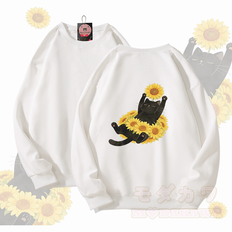 Modakawa Unisex-Sweatshirt mit Sonnenblumen- und Katzenmotiv - Weiß - 5XL - image 4