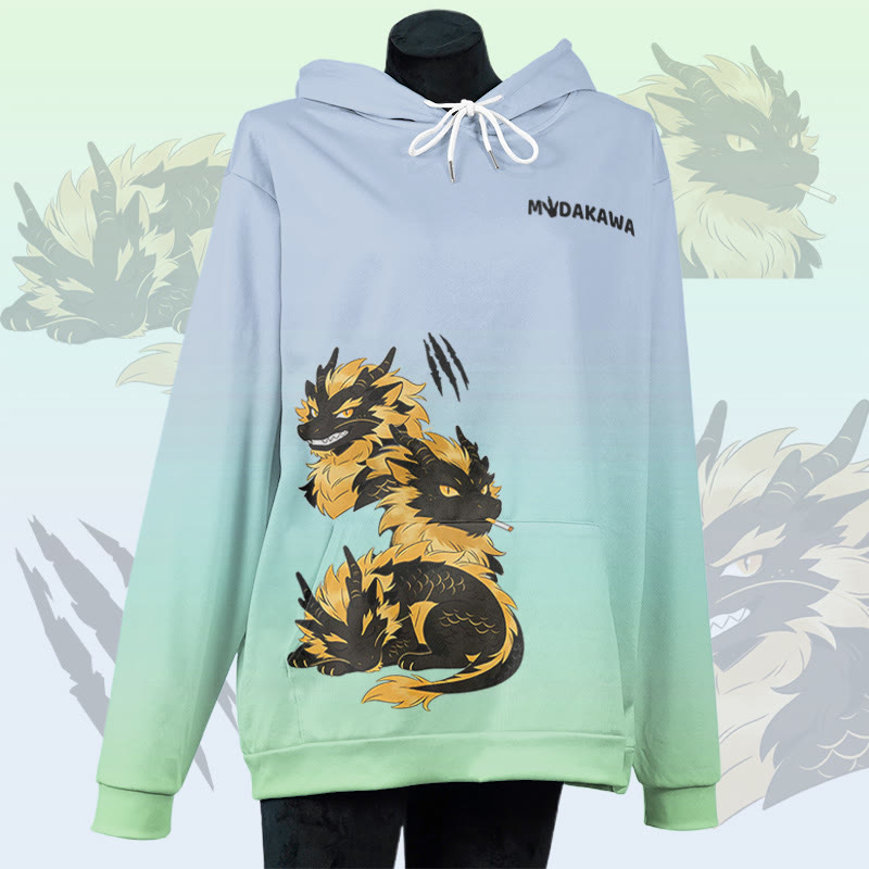 MODAKAWA Pullover-Hoodie mit rauchendem Drachen-Grafikprint - Blue&Green - 8XL - image 4