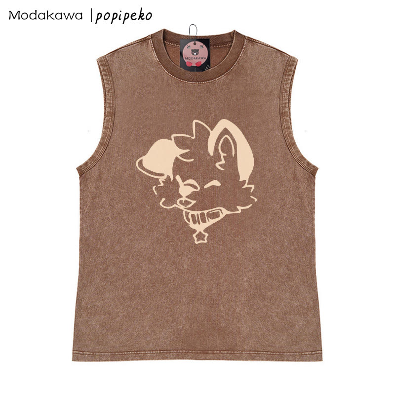 MODAKAWA X popipeko Unisex-T-Shirt mit Welpengrafik, Vintage-Waschung, ärmellos - Braun - 2XL - image 3