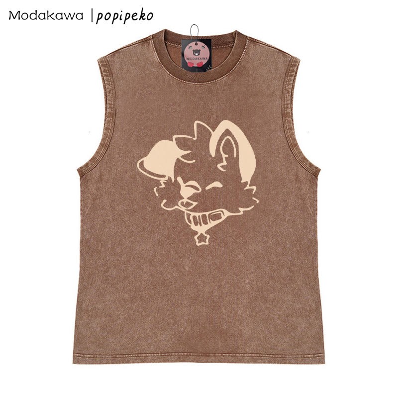 MODAKAWA X popipeko Unisex-T-Shirt mit Welpengrafik, Vintage-Waschung, ärmellos - Braun - 2XL - image 3