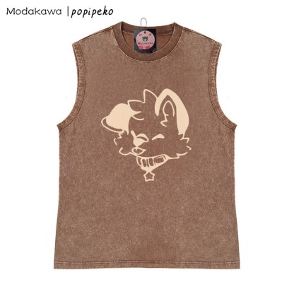 MODAKAWA X popipeko Unisex-T-Shirt mit Welpengrafik, Vintage-Waschung, ärmellos - Braun - 2XL - image 3