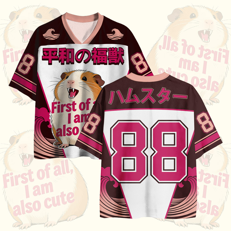 Zunächst einmal bin ich auch süß! Hamster-Nummer-Grafik Modakawa Vintage Mesh Jersey T-Shirt - Pink - 4XL - image 3