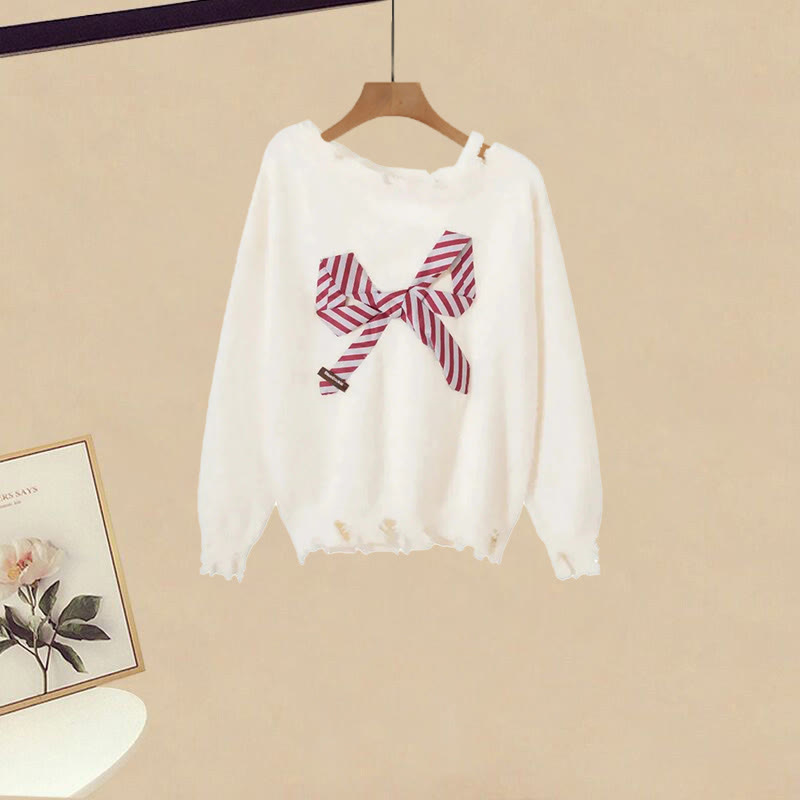 Schleifen-Pullover mit Rissen, kariertes Unterkleid, passendes Outfit - Apricot Sweater - 3XL - image 3