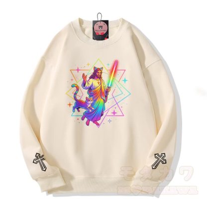 Modakawa Sweatshirt mit Regenbogen-Gebetskatzen-Kreuz-Grafik - Beige - 5XL - image 3