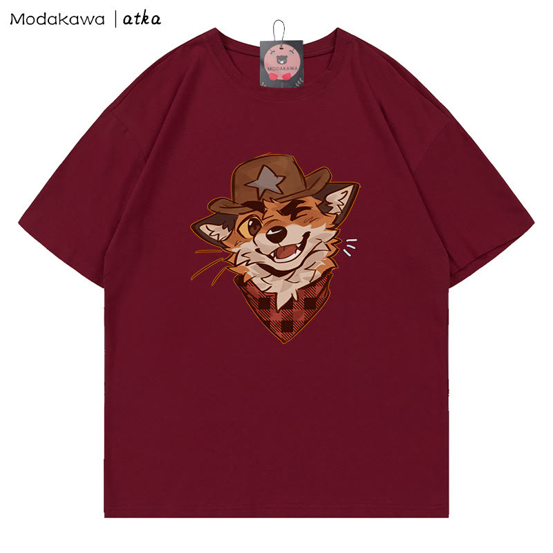 MODAKAWA X atka Cowboy Fox Winking Graphic T-Shirt  - Wine Red - 5XL - image 5