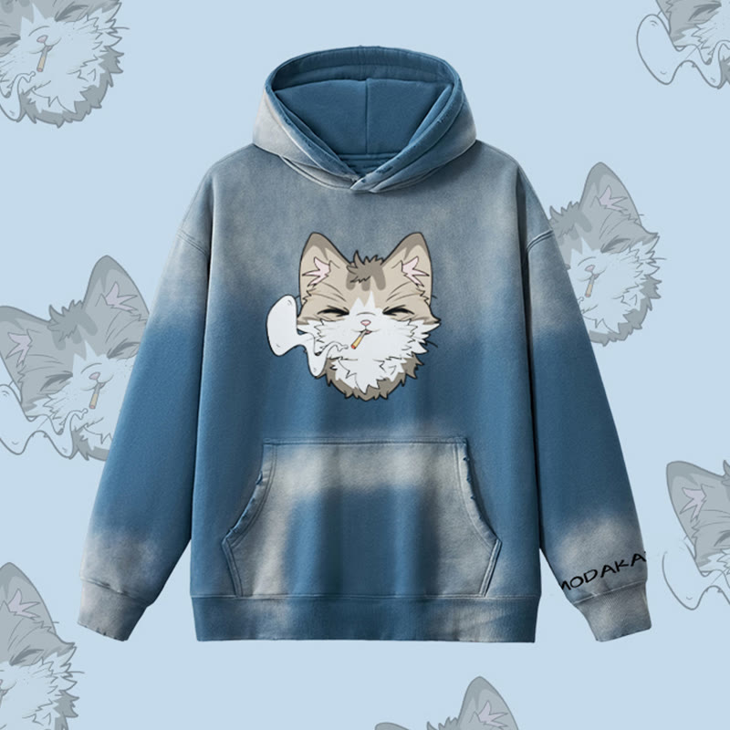 MODAKAWA Kapuzenpullover mit Raucherkatzen-Motiv, Vintage-Waschung, Fleece-Futter - Dark Blue - 2XL - image 5