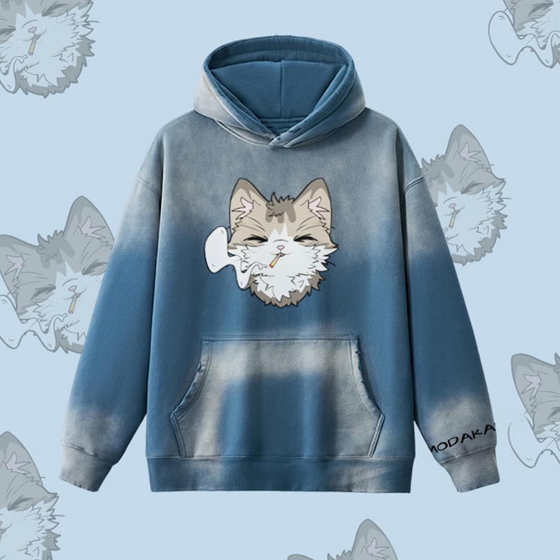 MODAKAWA Kapuzenpullover mit Raucherkatzen-Motiv, Vintage-Waschung, Fleece-Futter - Dark Blue - 2XL - image 5