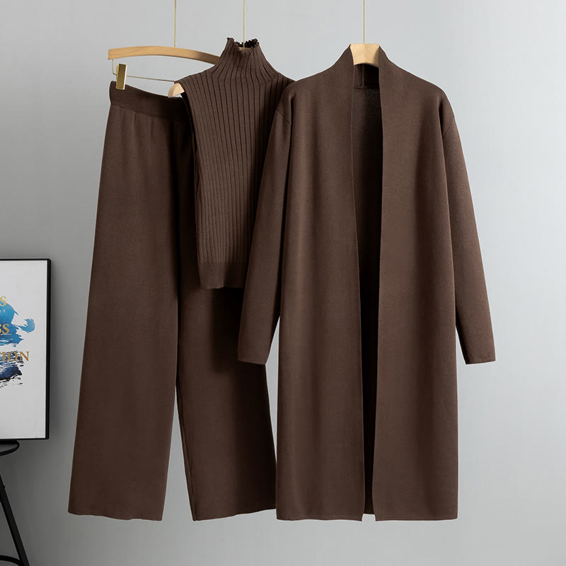 Dreiteiliges Set aus Strickweste, Strickjacke und Hose mit weitem Bein - Dunkelbraun - One Size - image 5