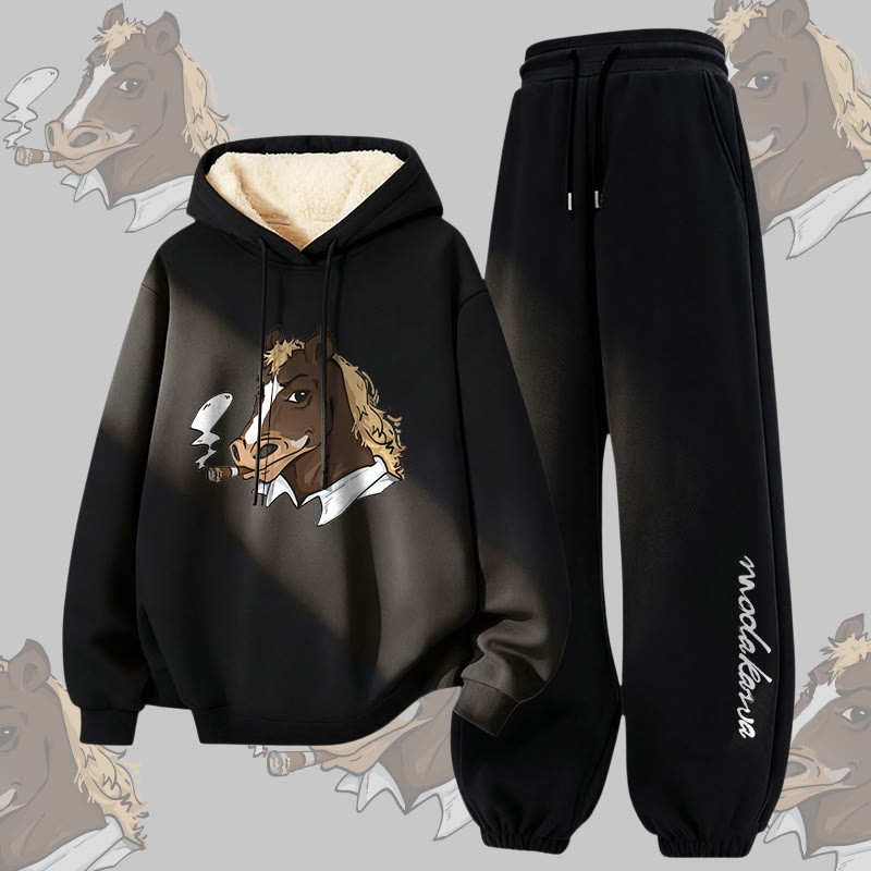 MODAKAWA Smoking Horse Grafik, dick gefütterter Hoodie und Hose, zweiteiliges Set - Black - 5XL - image 4