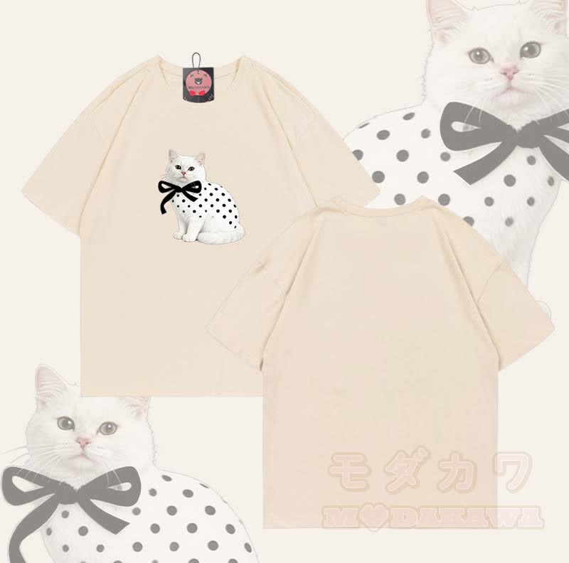 Modakawa T-Shirt aus 100 % Baumwolle mit Katzenmotiv und Polka-Dots - Aprikose - 5XL - image 6
