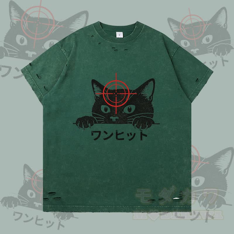 Lustiges Modakawa T-Shirt mit schwarzer Katzengrafik und Rissen - Dunkelgrün - 2XL - image 3