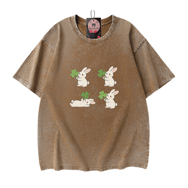 Modakawa Vintage T-Shirt aus 100 % Baumwolle mit St. Patrick's Day-Hasenmotiv (Vintage-Waschung) - Brown - 5XL - image 7