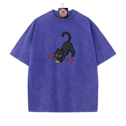 Schwarze Katze springt auf Blatt Halloween Grafik Unisex Vintage Washed T-Shirt - Blau - 5XL - image 3